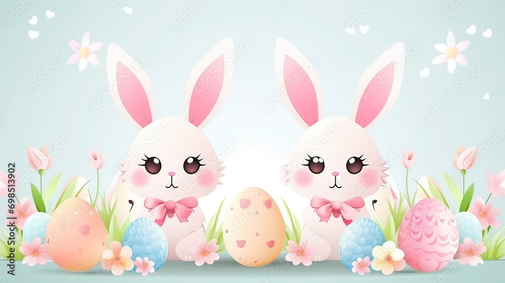 aster bunny with flowers and eggs, a cute bunny surrounded by colorful flowers and Easter eggs.for Happy Easter banner, poster, greeting card.Easter holiday card concept.copy space aster bunny with flowers and eggs, a cute bunny surrounded by colorful flowers and Easter eggs.for Happy Easter banner, poster, greeting card.Easter holiday card concept.copy space