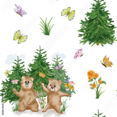 Bear Seamless pattern with funny bears. Teddy bear with flowers and Christmas trees. Children's illustration. Design for textiles, nursery