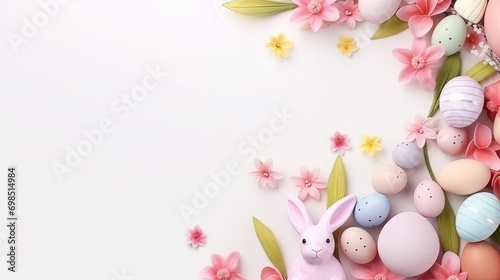  Many colorful eggs and flowers arranged on a pink background. for Easter  spring  farm  or food-themed designs and projects. Adds a vibrant and cheerful touch.Easter holiday card concept.copy space