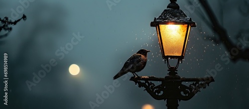 Solitary bird perched on dark sky lantern. © AkuAku
