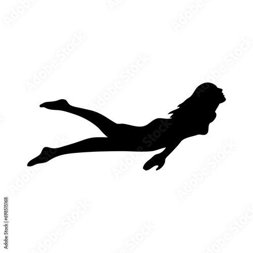 Logo vacaciones de verano. Buceo libre. Silueta de mujer desnuda buceando