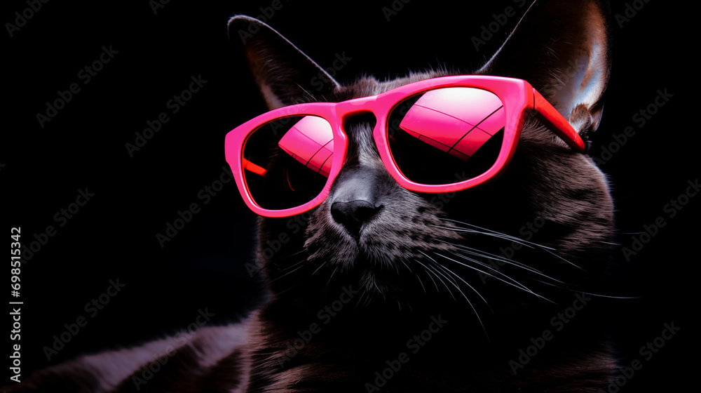 a black cat wearing red hot sunglasses on black background