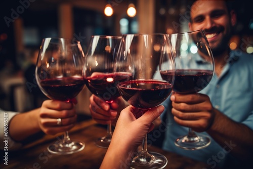 A group of friends toasting with red wine in a cozy restaurant