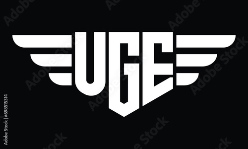 UGE three letter logo, creative wings shape logo design vector template. letter mark, word mark, monogram symbol on black & white.	 photo