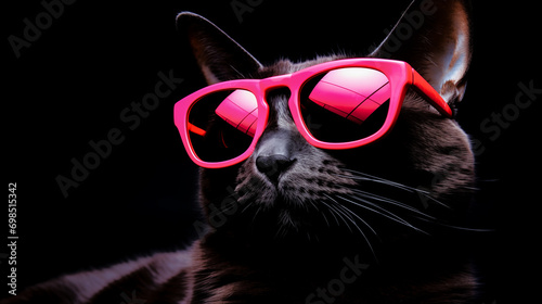 a black cat wearing red hot sunglasses on black background © SynchR