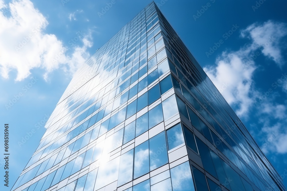 Reflective glass facade of a skyscraper against a blue sky with clouds.