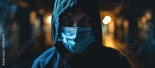 Person wearing mask on dark backdrop. photo