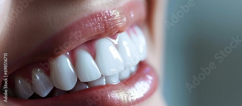 Teeth whitening with crown, perfect smile, dental care and copyspace. photo