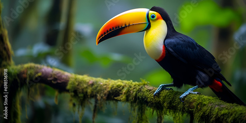 The vibrant toucan perches on a branch in the rainforest, Vibrant toucan perched on branch in tropical rainforest beauty, toucan perching on branch, vibrant colors in nature, generative ai