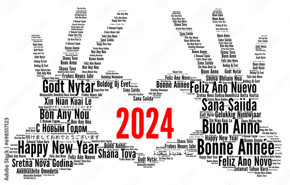 Happy New Year 2024 word cloud in different languages Stock