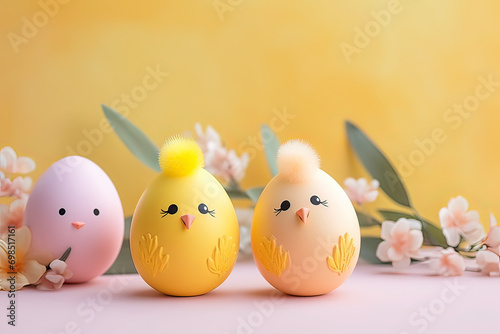 Three little chicks sit in a nest with eggs and branches Fototapet