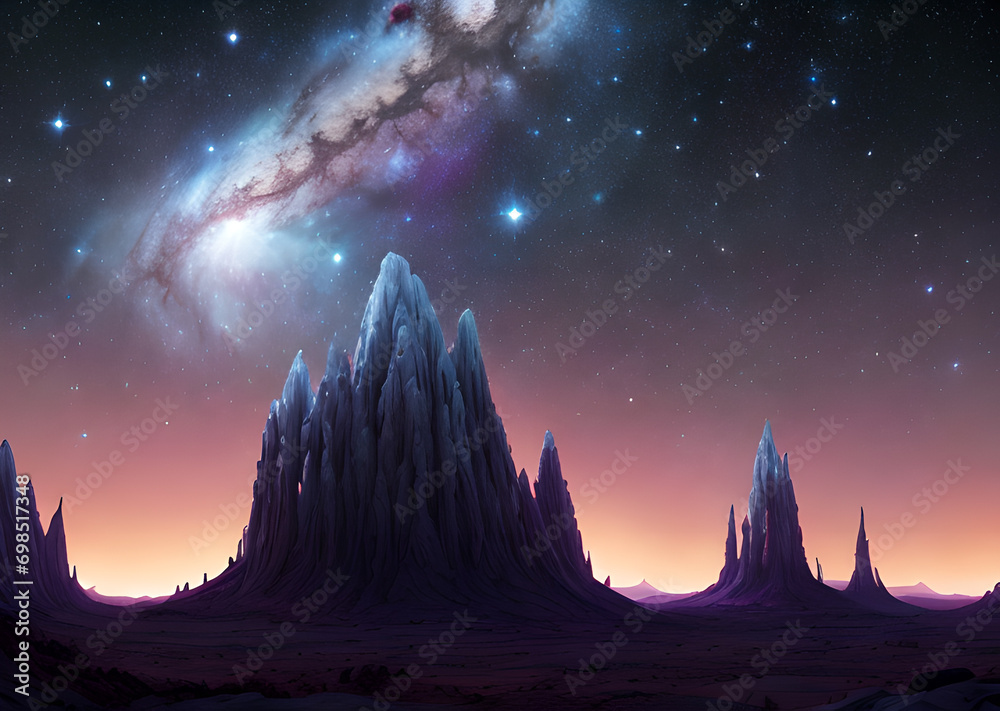 Beautiful landscape of space planets in purple shades,Generative AI