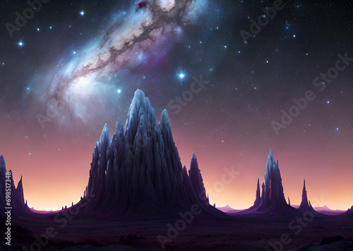Beautiful landscape of space planets in purple shades,Generative AI © LIUBOMYR
