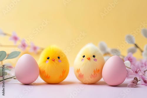 Three little chicks sit in a nest with eggs and branches. Suitable for spring or Easter-themed designs, children's books, farm-related graphics, and nature illustrations.Easter holiday card concept photo