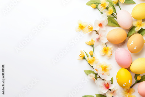easter background with colorful eggs and flowers on white background.happy Easter, spring, farm, holiday,festive scene , greeting cards, posters, .Easter holiday card concept.copy space