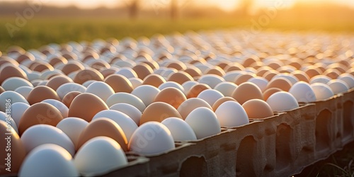 Multiple crates of chicken eggs fill a field, in the style of dark white and light orange, whitcomb-girls, firmin baes, fawncore, eco-friendly craftsmanship photo