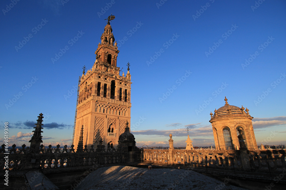 La Giralda, a former minaret of the great mosque of Seville (Spain), later converted to a bell tower for the Cathedral.