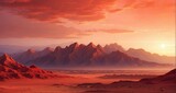 A desert scene where the red sun is setting, casting its warm glow on the mountains in the desert, painted in shades of red -Generative Ai