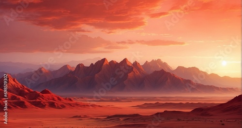 A desert scene where the red sun is setting, casting its warm glow on the mountains in the desert, painted in shades of red -Generative Ai