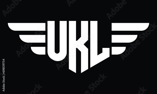 UKL three letter logo, creative wings shape logo design vector template. letter mark, word mark, monogram symbol on black & white.	 photo