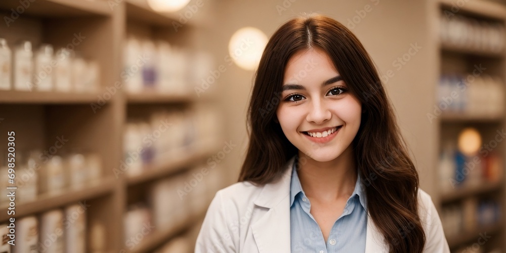 A professional pharmacist smiling and looking at the camera in the pharmacy store background with copy space. 