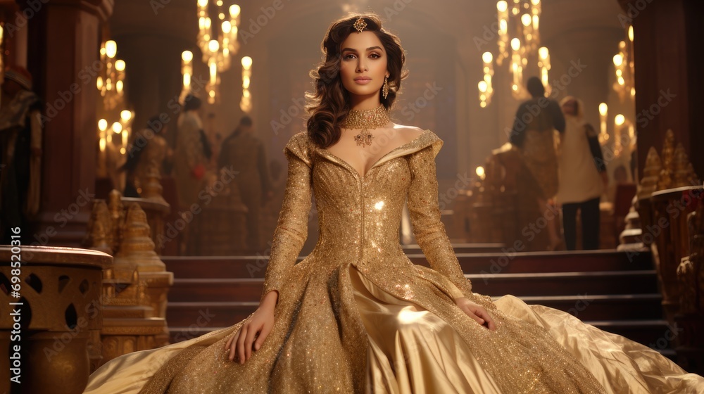 Fototapeta premium Intricate Indian Majesty: A Gold Gown Fit for Royalty generative ai