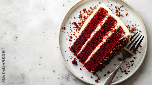 Top view of slice of red velvet cake with copy space on white background.