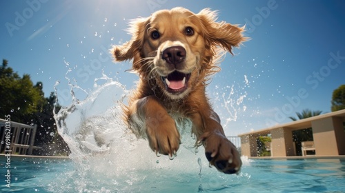 golden retriever puppy in swimming pool jumping, training games for pet