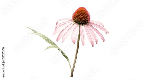  a pink flower on a white background with a single stem in the foreground and a single stem in the background.
