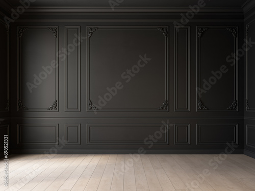 Classic black empty interior with blank walls with moldings, stucco and wood floor. 3d render illustration mockup.