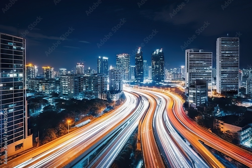 Cityscape in Motion: Long Exposure of Megapolis at Night generative ai