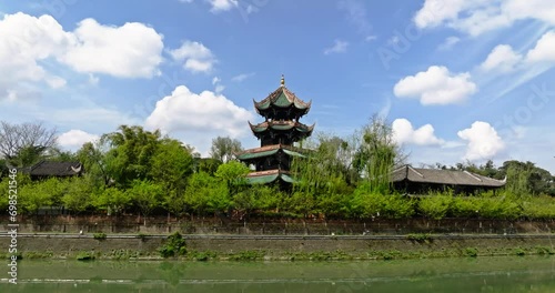 The beautiful scenery of Wangjiang Tower under the blue sky and white clouds in Wangjiang Park, Chengdu, Sichuan photo