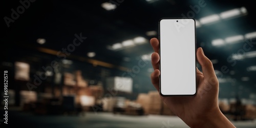 CU Caucasian male worker using smartphone inside huge warehouse