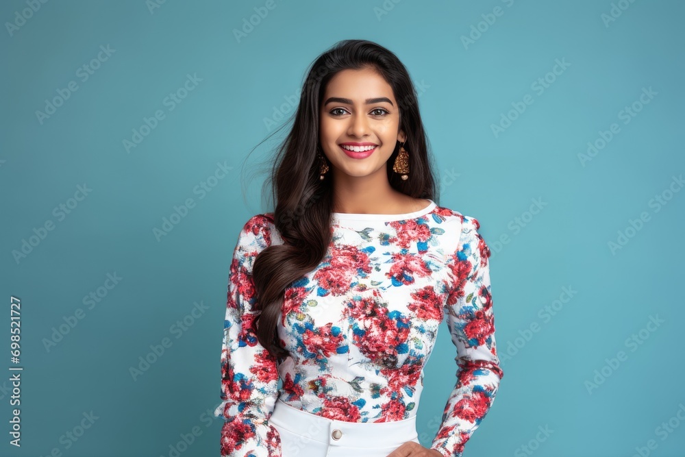 Portrait of a Fashionable Indian Woman on Light Blue Background generative ai Portrait of a Fashionable Indian Woman on Light Blue Background generative ai