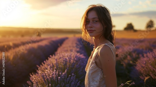 A beautiful young woman in a dress around happily in a field of lavender, France.