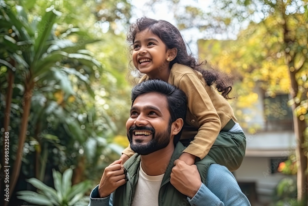Fototapeta premium Weekend Bonding: Happy Indian Parents Playing with Daughter on Father's Shoulders generative ai