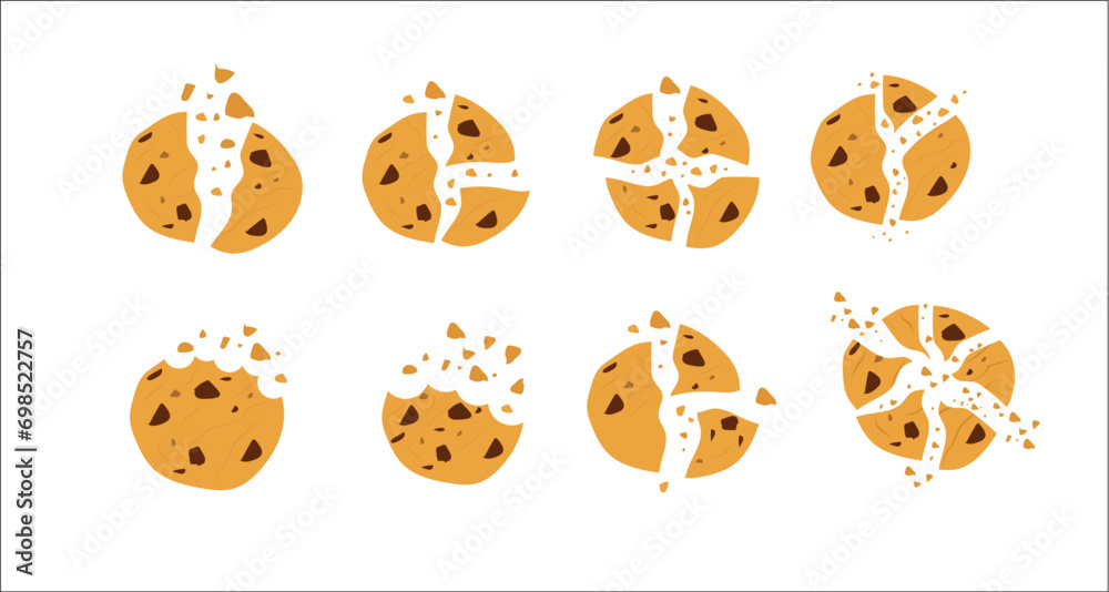 Set de ilustraciones de galleta mordida con chispas de chocolate. Bocados de galletas dulces. Pasteler√≠a casera