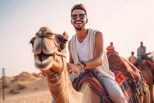 Desert Delight: Happy Tourists Enjoying a Group Camel Ride Adventure in the Sands generative ai © RamvijayB