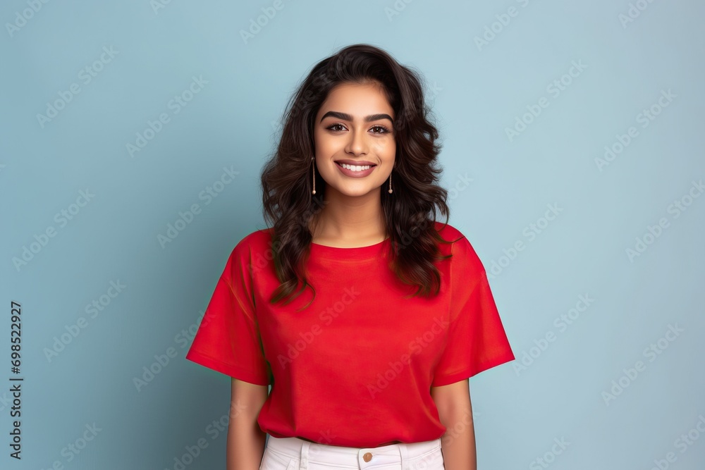 Impressed in Style: Funky Lady in a Red T-Shirt Gazes at a Photo Frame, Isolated on a Beige Background in a Full-Length Shot generative ai
