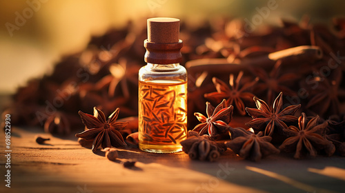 Star anise essential oil in bottle on wooden background. Generative AI