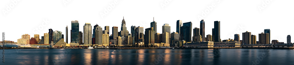 vast modern city skyline sunset or sunrise - isolated transparent PNG - warm hues casting light on the buildings skyscrapers - water surface in the foreground reflecting the city and city lights