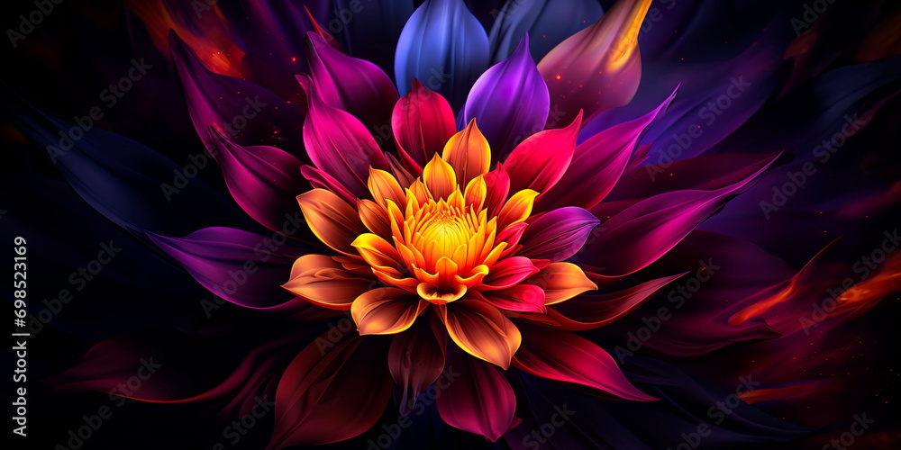flower bloom with a gradient of vibrant purple, red, yellow, and orange tones against a dark flower bloom with a gradient of vibrant purple, red, yellow, and orange tones against a dark