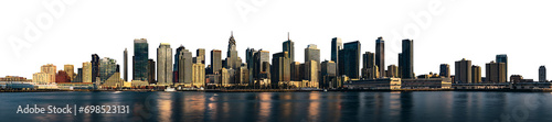 vast modern city skyline sunset or sunrise - isolated transparent PNG - warm hues casting light on the buildings skyscrapers - water surface in the foreground reflecting the city and city lights © Mr. PNG
