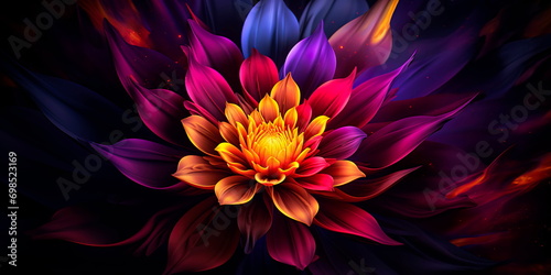 flower bloom with a gradient of vibrant purple  red  yellow  and orange tones against a dark