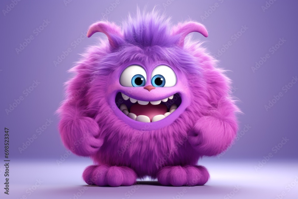 Cute violet furry monster 3D cartoon character
