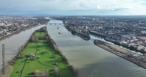 Wallpaper Mural Rhine River at the city of Mainz, with a focus on industrial area buildings and bridges. Aerial drone view. Panorama. Torontodigital.ca