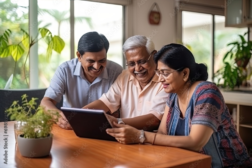 Indian Doctor Explains Medical Report to Senior Couple Using a Digital Tablet, Emphasizing Technology, Healthcare Support, and Convenient Home Consultation generative ai Indian Doctor Explains Medical Report to Senior Couple Using a Digital Tablet, Emphasizing Technology, Healthcare Support, and Convenient Home Consultation generative ai