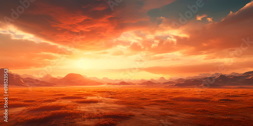 vast plains during sunset  with the sky ablaze in warm colors and the land bathed in soft light.