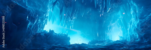 ice caverns adorned with intricate patterns, lit by the soft glow of bioluminescent ice crystals. photo