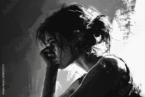 Illustration of a person grieving, somber monochrome style with emphasis on emotion and lighting
